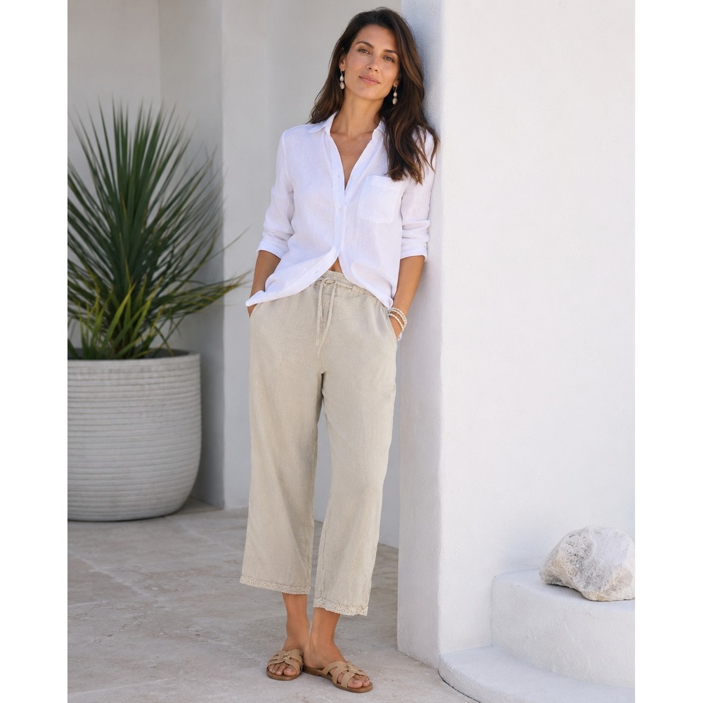 J.Jill Linen Blend Pants Women Sz 2 Beige Crop Wide‎ Leg Coastal Lagenlook Beach